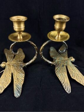 Brass Dragonfly Candle Holders - Elegant Gold Accent